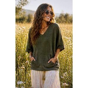 J. Jill PureJill 3/4 Sleeve green Kangaroo Pocket Sweater small silk wool casual